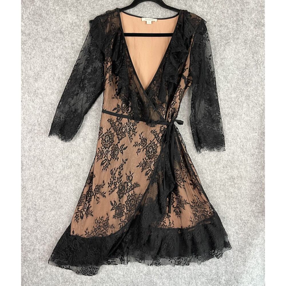 Francescas Wrap‎ Dress Womens Medium Black Ruffle Lace Witchy Whimsigoth Sheer